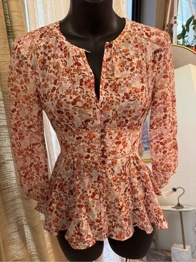 Moulinette Soeurs Anthropologie Floral Cotton Silk Peplum Blouse Size 0